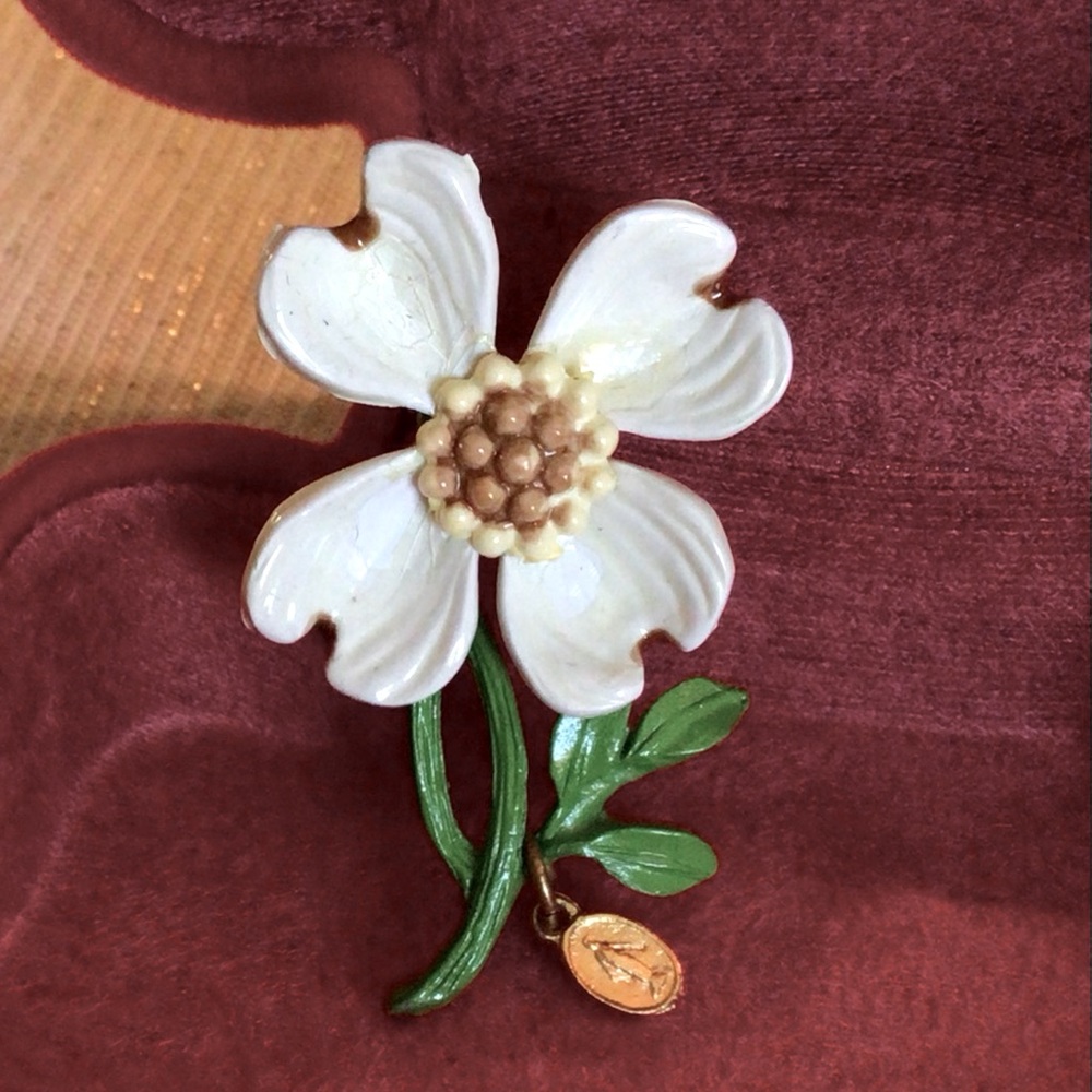 Vintage Acrylic Dogwood Brooch with Gold Tone Miraculous Pendant